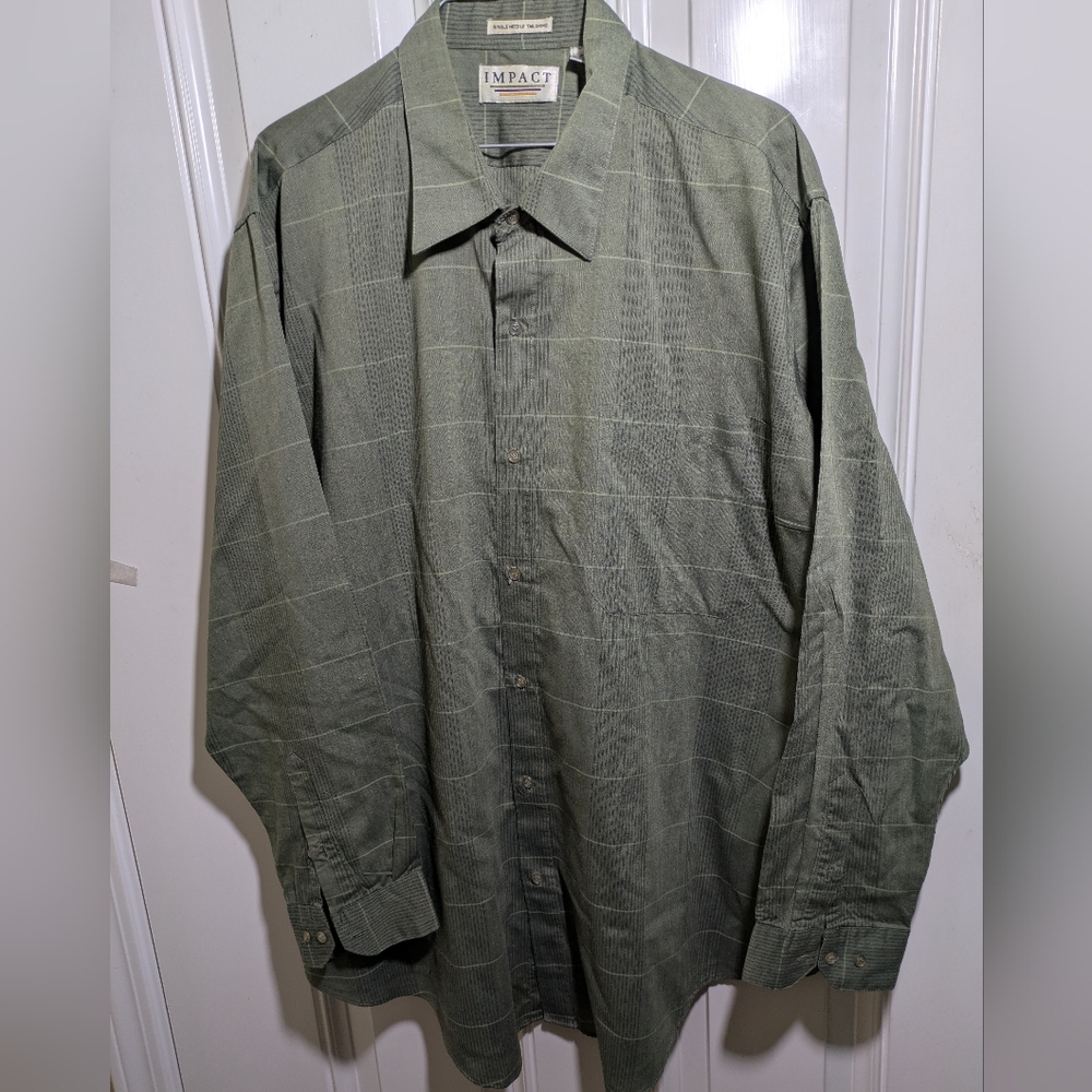 Impact Men's 2XL Olive Green Plaid Grid Long Sleeve Button Down Shirt